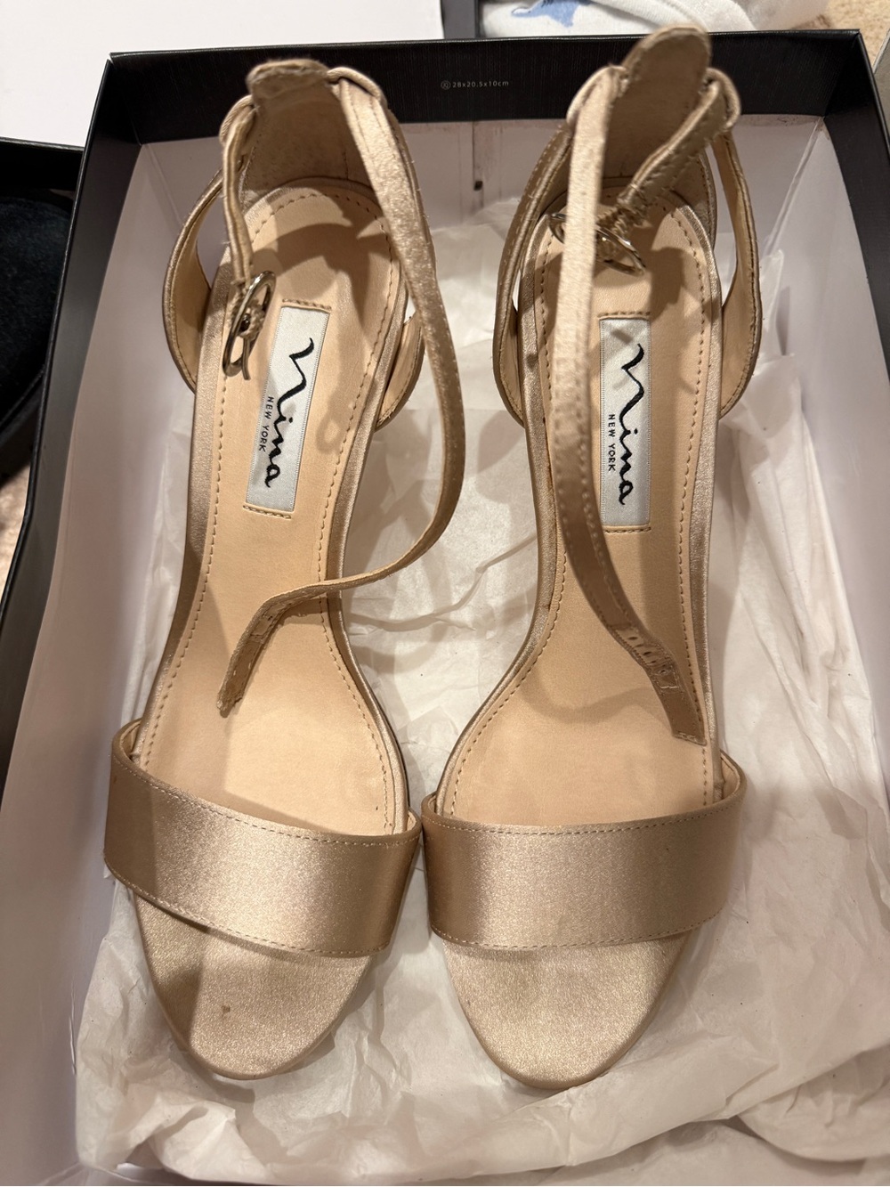 Nina Champagne Satin Open-Toe Ankle-Strap Heels